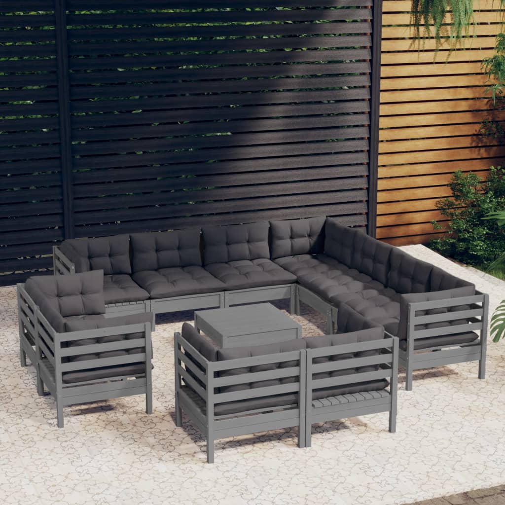 12-delige loungeset met kussens massief grenenhout grijs