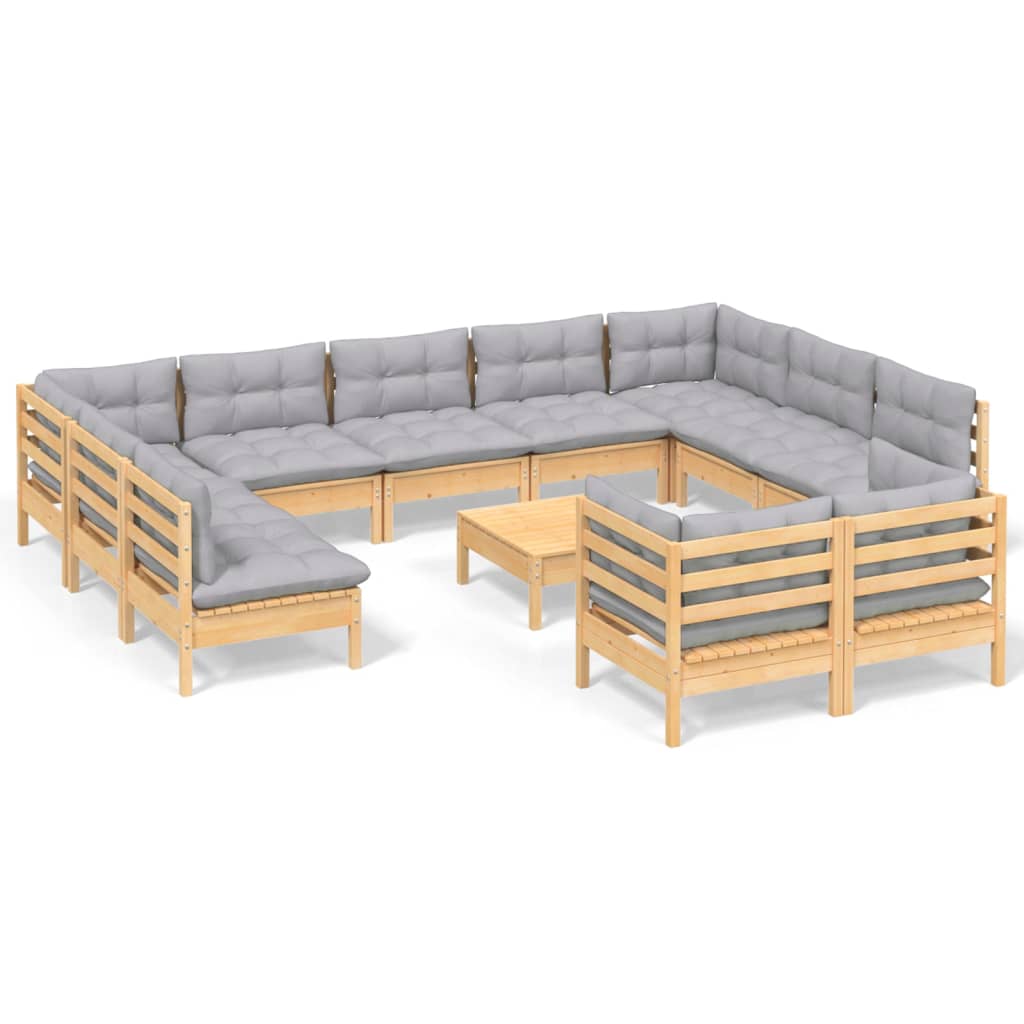12-delige loungeset met grijze kussens massief grenenhout