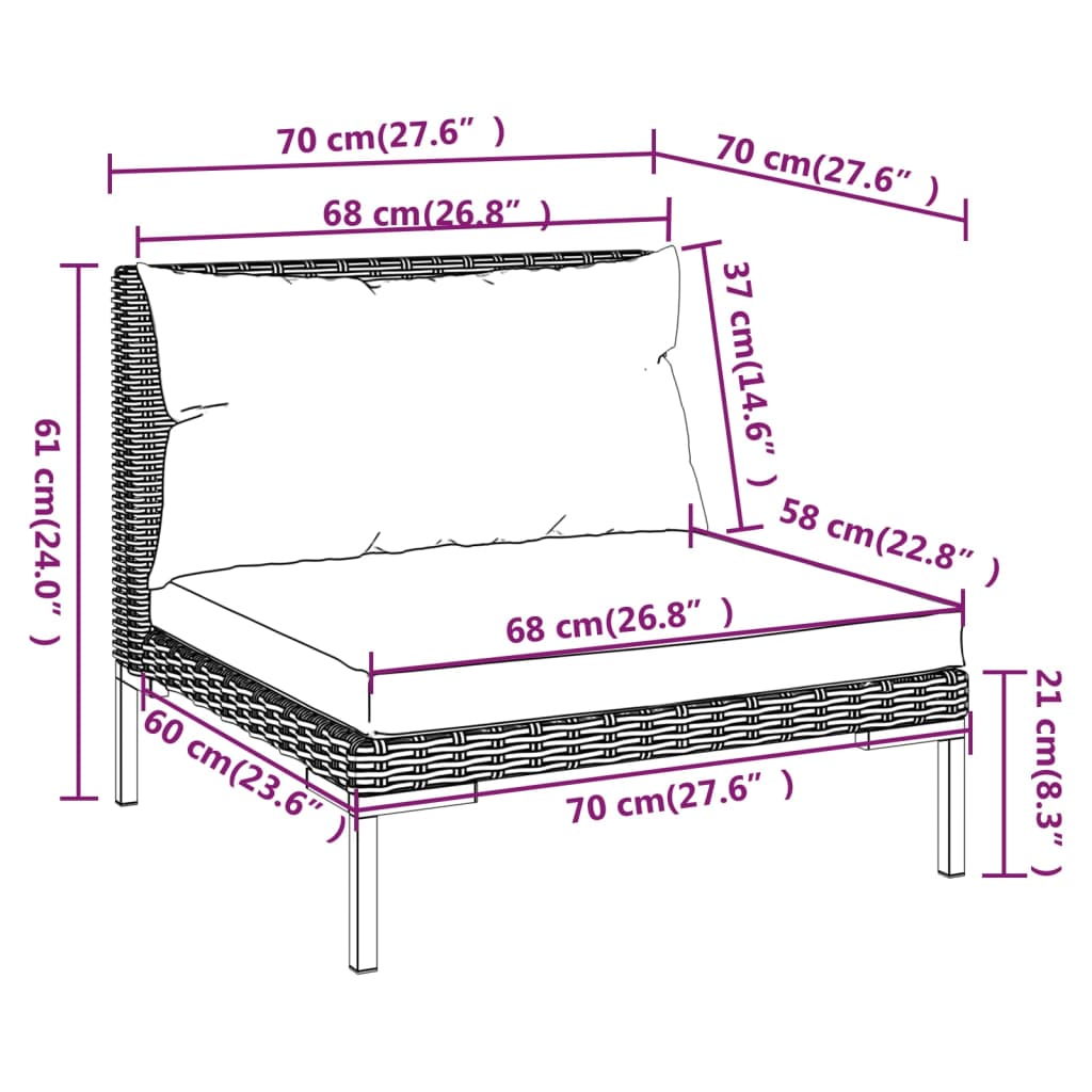 11-delige loungeset met kussens poly rattan donkergrijs