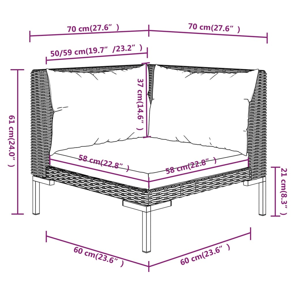 11-delige loungeset met kussens poly rattan donkergrijs