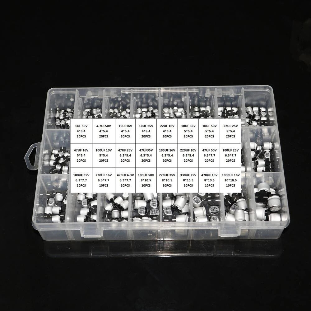 1uf ~ 1000uf 6.3v-50v 400 stuks 24 waarde smd aluminium elektrolytische condensatoren assortiment kit