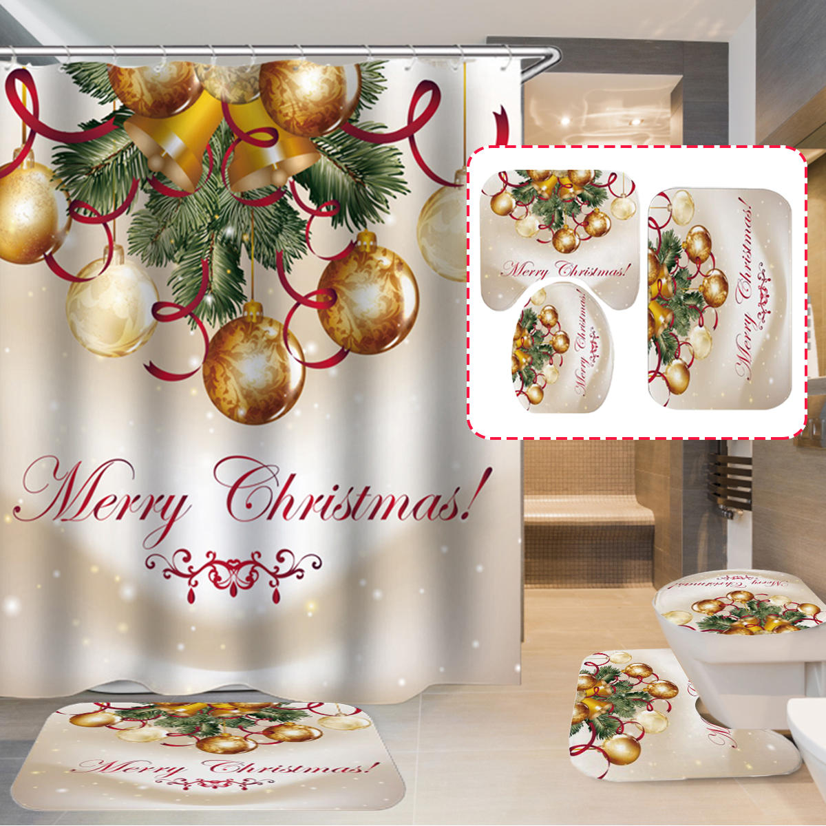 180x180 cm vrolijk kerstfeest waterdicht bad douchegordijn wc antislip cover mat tapijt set