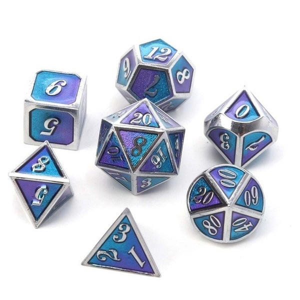 7 stuks gemengde kleur polyhedral dobbelstenen metalen rpg dobbelstenen set met fluwelen zak kerkers en draak zwarte tafel games zinklegering math onderwijs