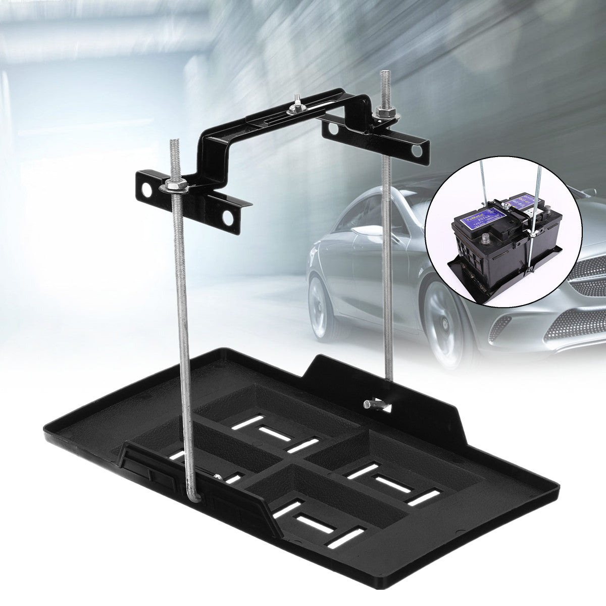 Estink Support de Batterie Universel en Métal pour Voiture, Bac Réglable avec Pince, Plage 135-190 mm