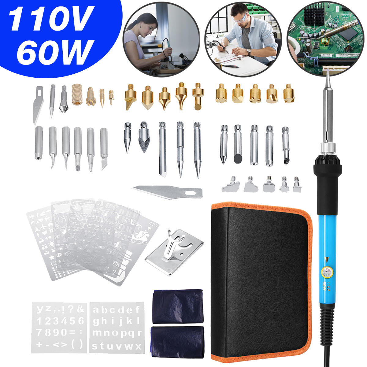 60 stuks 60w houtgestookte pen set tips stencil soldeerbout gereedschap pyrography ambachten kit