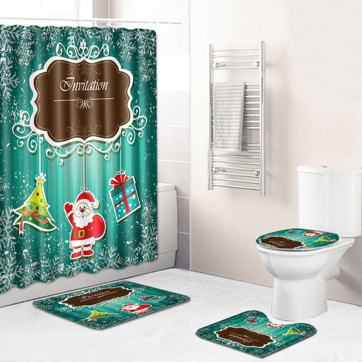 kerstman kerst stof douchegordijn set badkamer mat wc cover