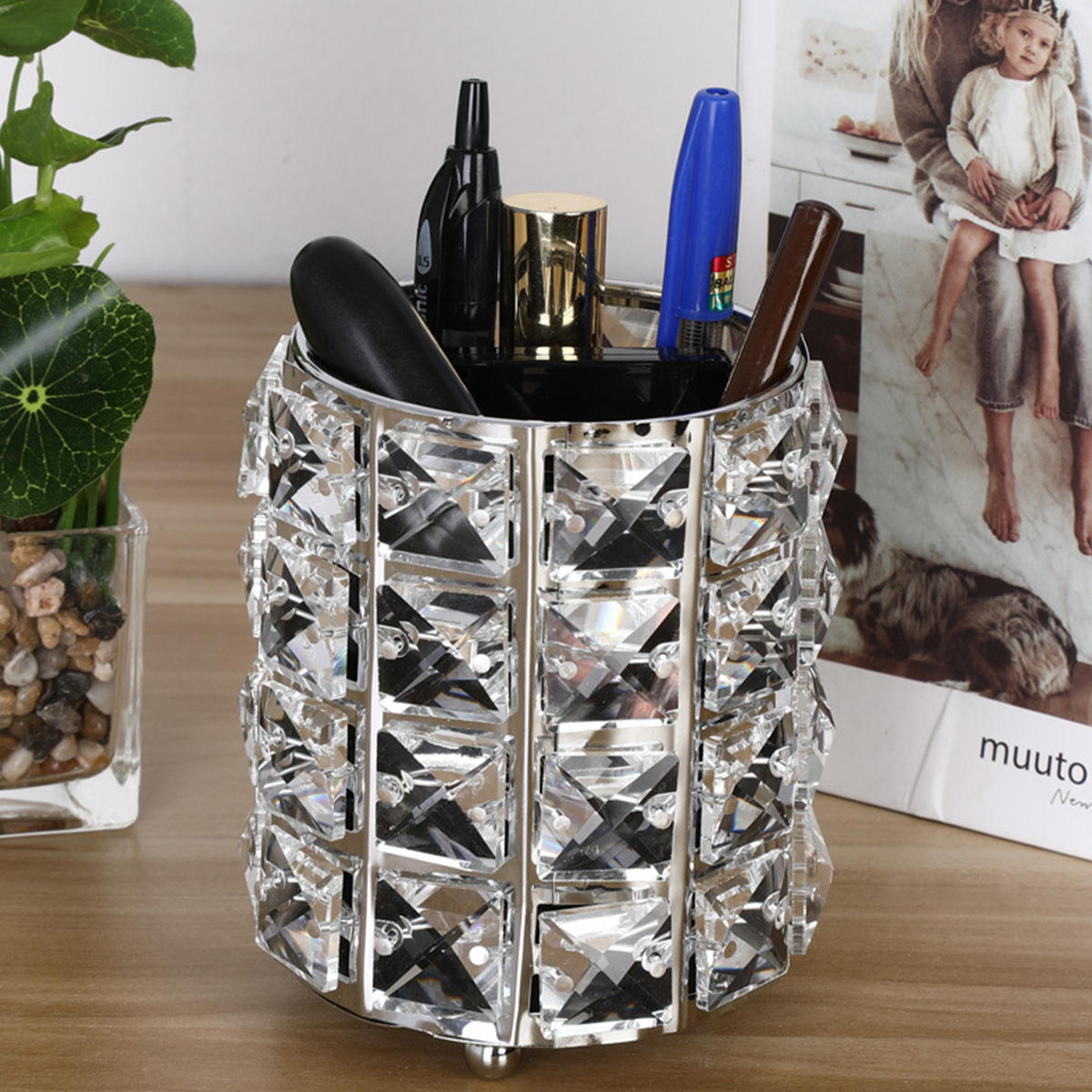 kristallen make-upborstel opbergemmer pennenhouder desktop case cosmetische organisator
