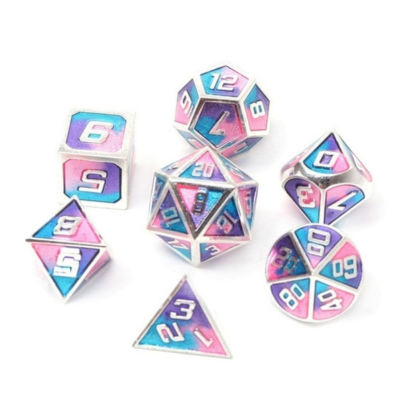 7 stuks gemengde kleur polyhedral dobbelstenen metalen rpg dobbelstenen set met fluwelen zak kerkers en draak zwarte tafel games zinklegering math onderwijs
