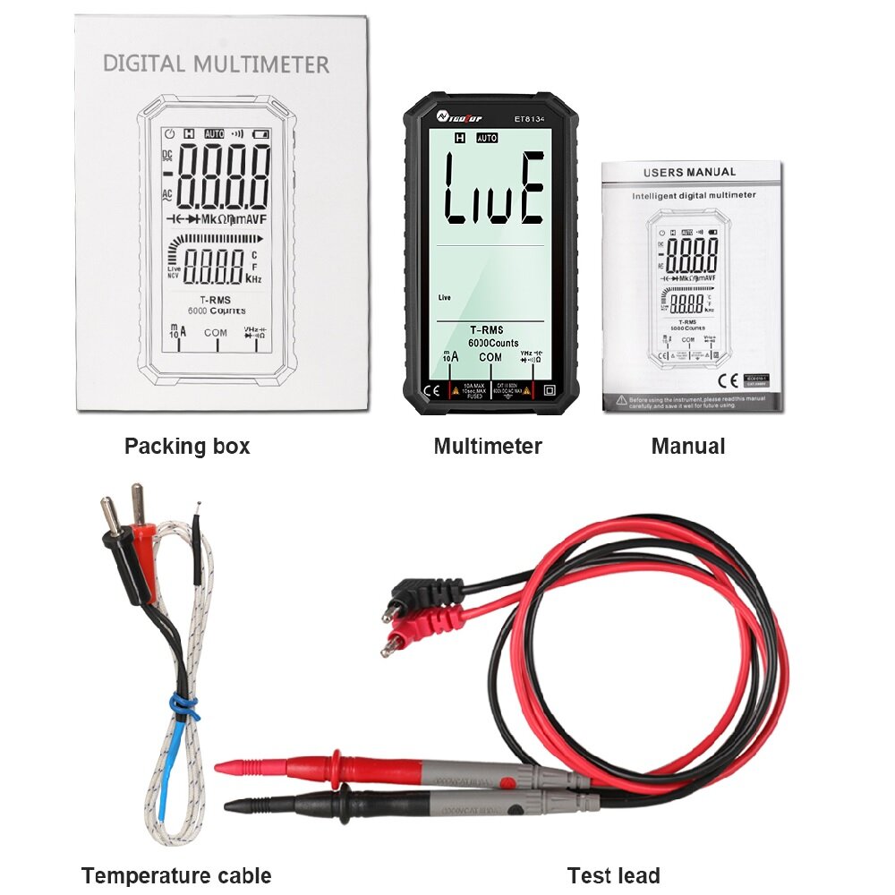 tooltop et8134 4.7-inch groot lcd-scherm smart true rms digitale multimeter automatisch + handmatig meten weerstand diode capaciteit temperatuur frequentietest