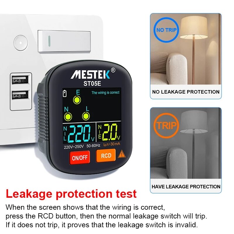 mestek socket-tester detector bedrading elektroscoop elektrische stekker kleurenscherm rcd veiligheidstest elektrische tester thuis socket-tester