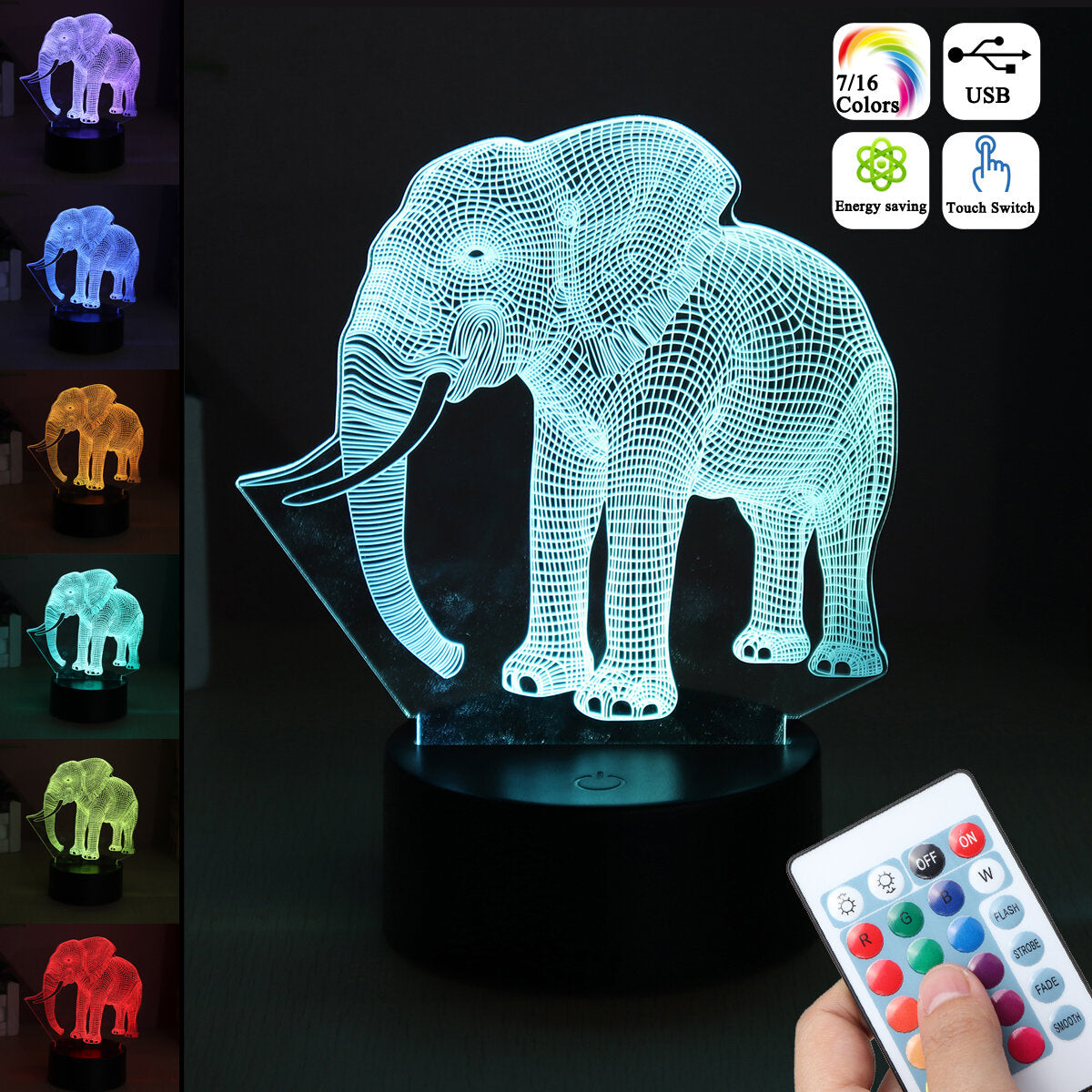 3d acryl led 7/16 kleuren colorful nachtverlichting olifant model afstandsbediening aanraakschakelaar nachtlampje