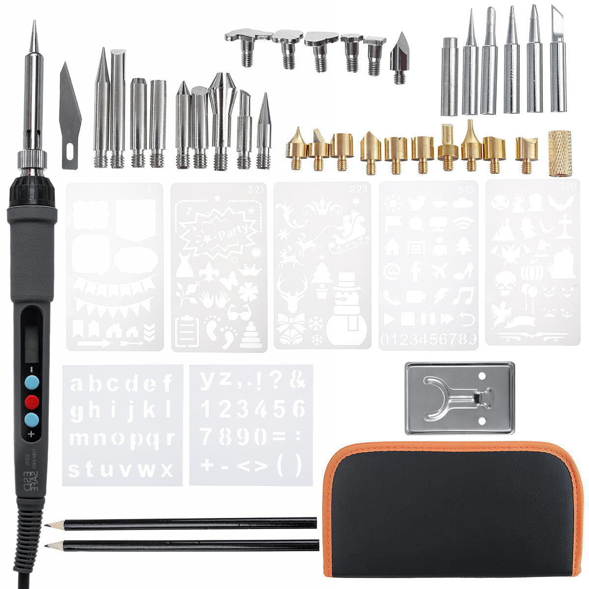 42 stuks 60 w houtgestookte pen tool solderen stencil iron craft lcd pyrography soldeergereedschap kit: