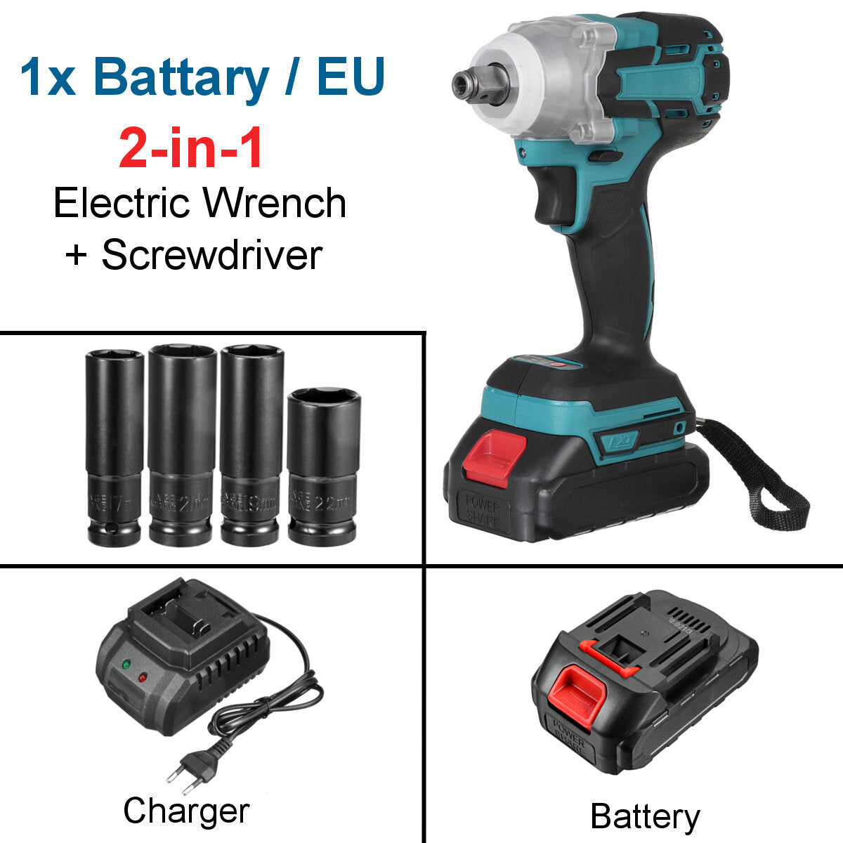 2 in 1 188vf 588n.m. li-ion borstelloze draadloze elektrische 1/2 sleutel 1/4 schroevendraaier boor met 1/2 batterij & 4 mouwen