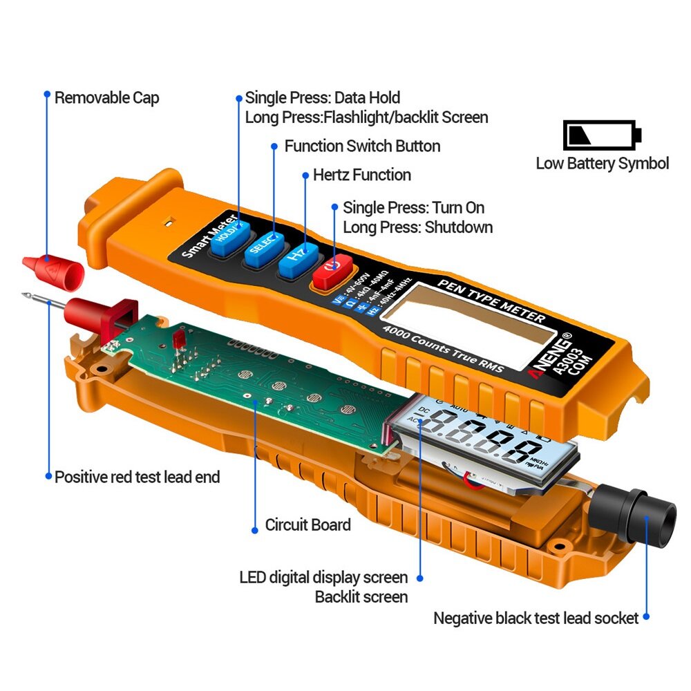 aneng a3003 digitale pen multimeter professionele 4000 telt slimme meter met ncv ac / dc spanning weerstand capaciteit testers