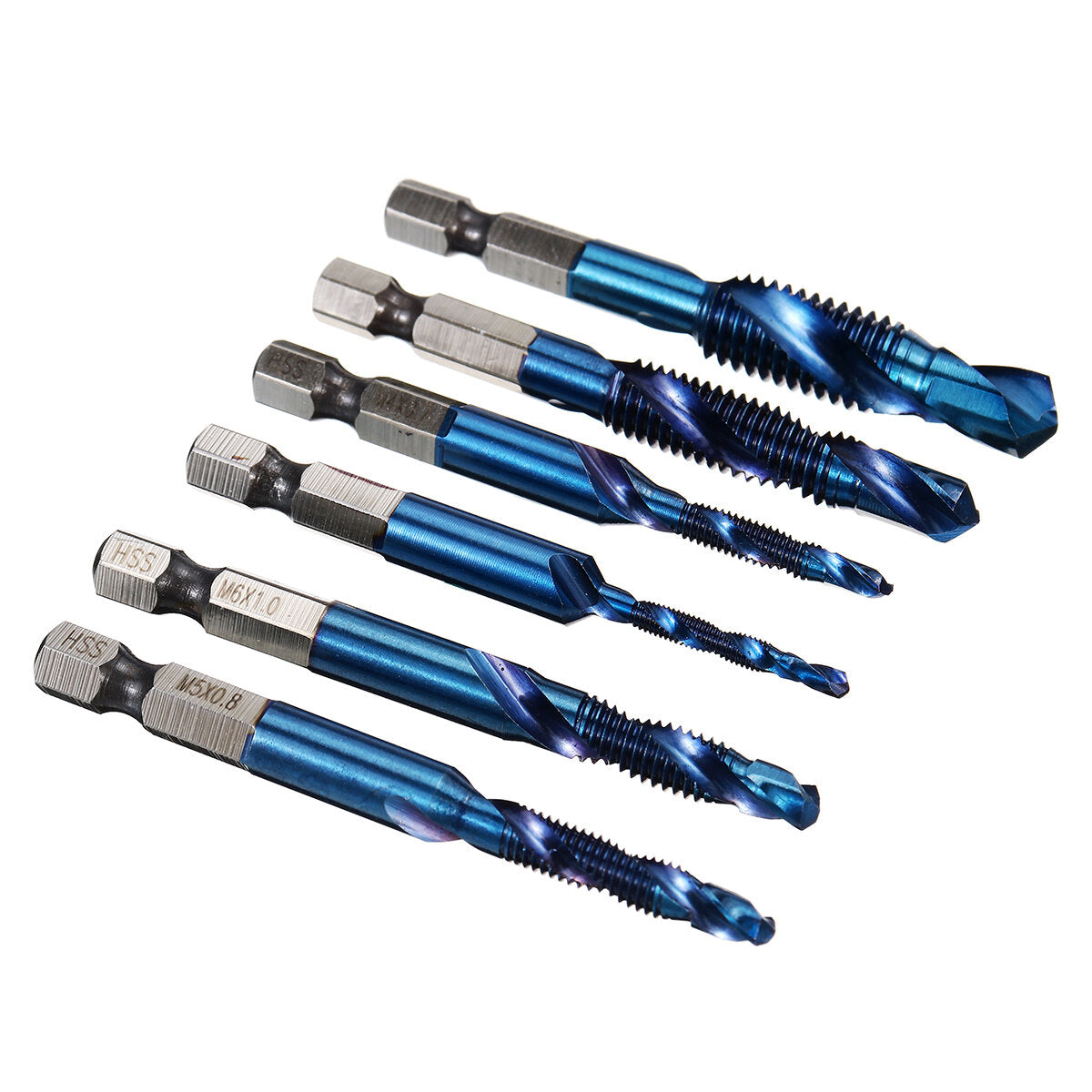 6 stuks m3-m10 1/4 inch hex shank metrische draad blauw nano gecoat hss boor en tap bits schroef tap