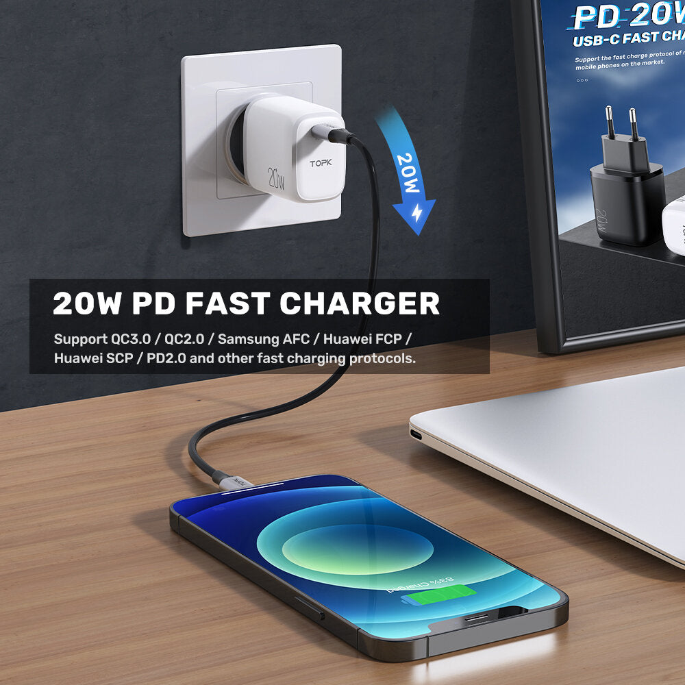 topk b110p usb-c pd 20w snellader voor aan de muur voor iphone 12 12 pro max voor samsung galaxy s10+ ulefone 10 5g