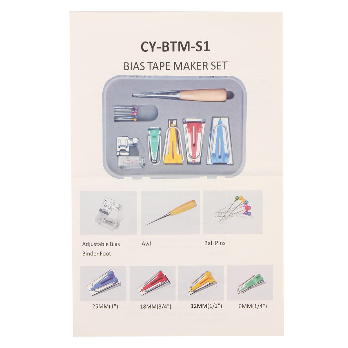 6/12/18/25mm stof biasband maker kit set bindmiddel voet voor naaien quilten + awl