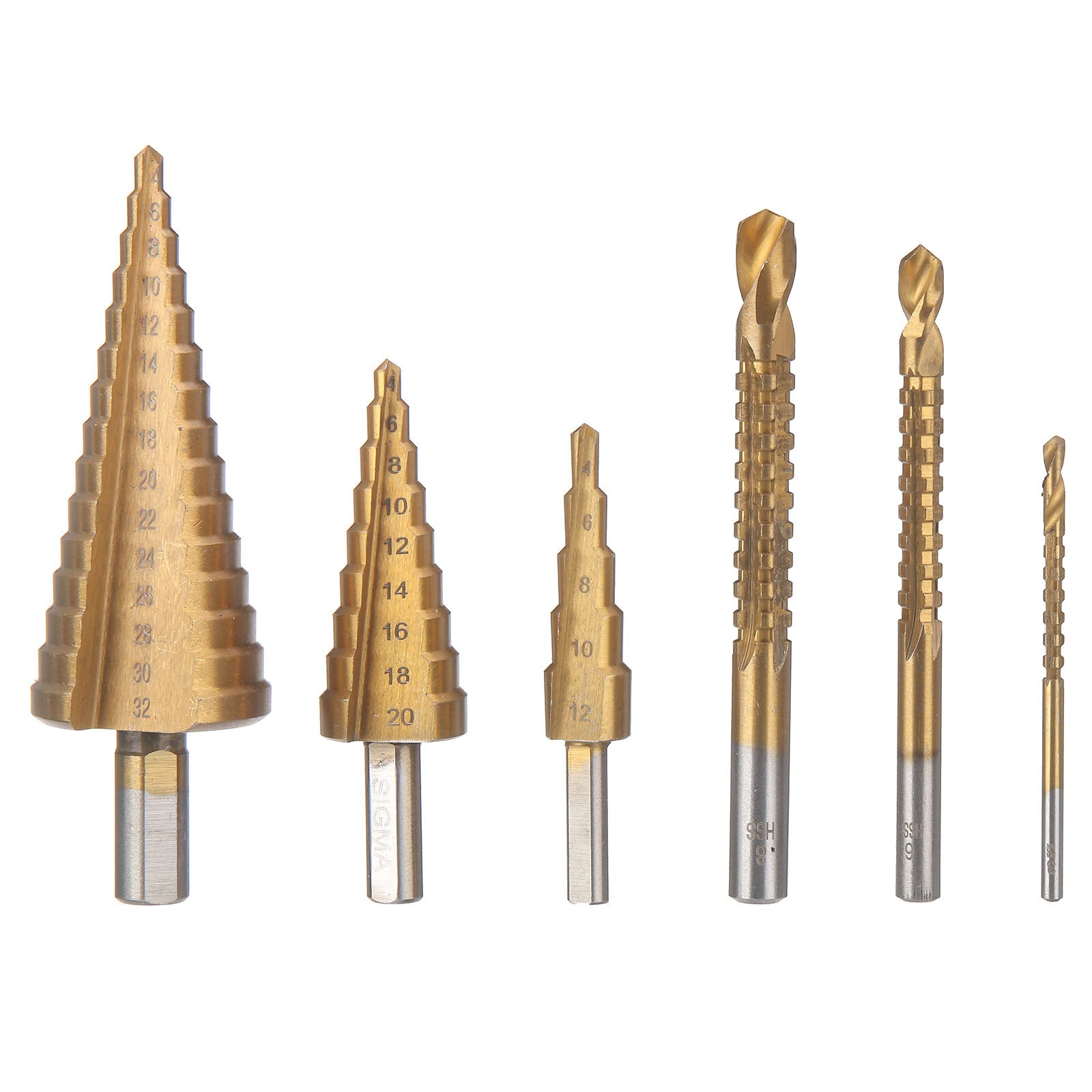6 stuks hss stap boor sets rechte titanium coated kegel gatensnijder automatische center punch spiraal twist saw boor bi