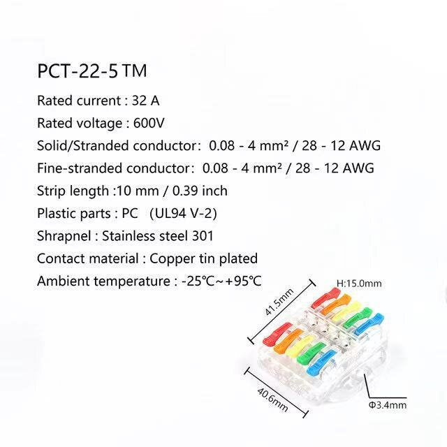 lustreon pct223-5 kabelconnector 5 in 5 uit draadconnector 0.08-4 mm2 ...