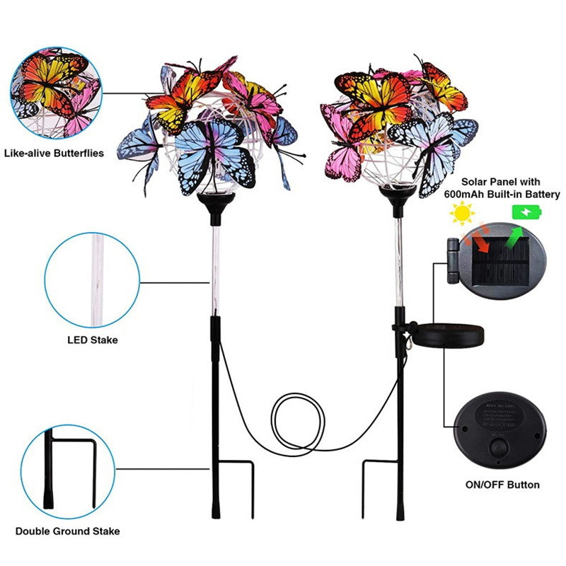 2 stuks zonne-verlichting buiten vlinderlicht transparante buis tuin decoratieve zonne-paallamp met vlinders decor aangedreven waterdicht voor tuin tuinpad