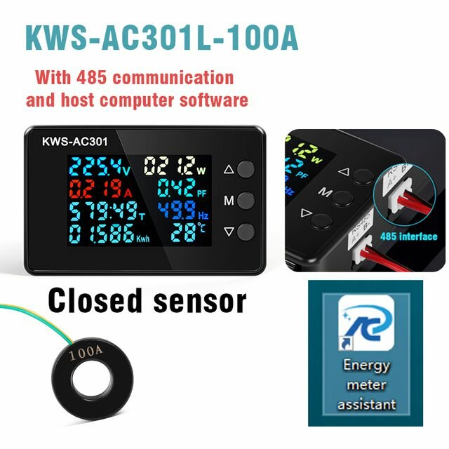 kws-ac301 8 in1 voltmeter amperemeter ac 50-300v power energy meter led digitale ac wattmeter elektriciteitsmeter 0-100a