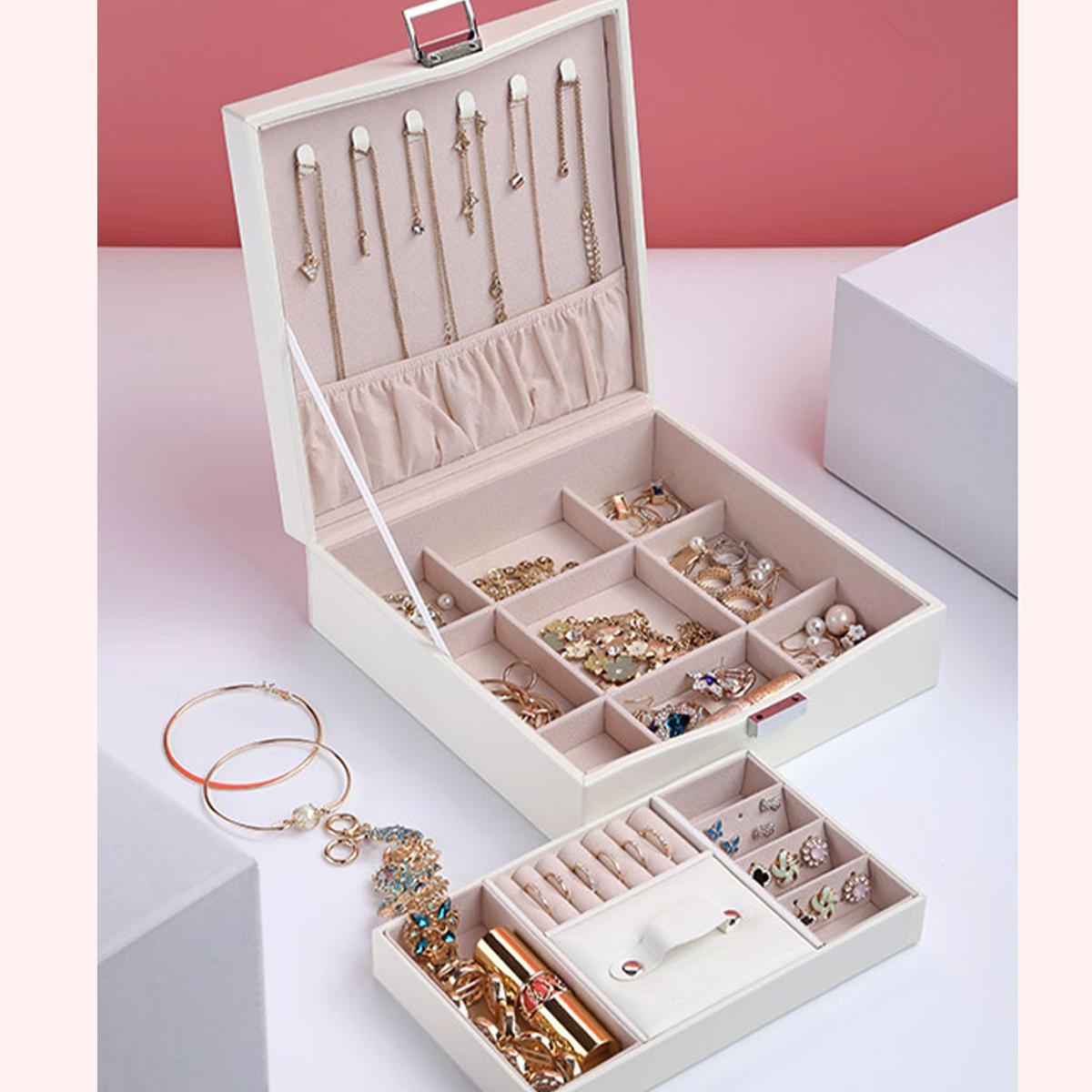 flanellen vierkante juwelendoos eenvoudige lay-out 2 lagen make-up organisator choker ring ketting opbergdoos