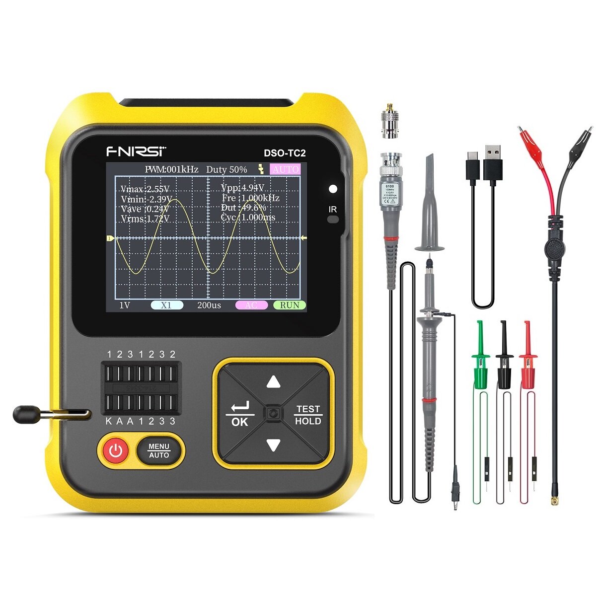 fnirsi dso-tc2 handheld digitale oscilloscoop lcr-meter grafisch display transistortester 2.4-inch tft kleurenscherm led-achtergrondverlichting voor autoreparatie reparatie van apparaten