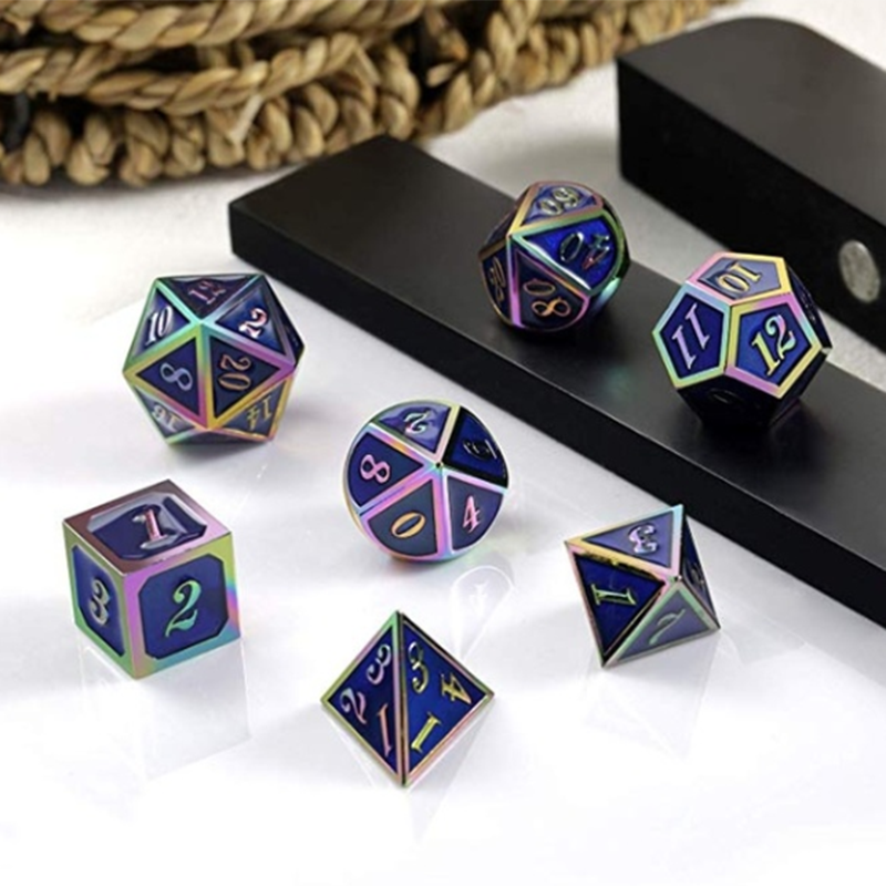 7 stuks/set regenboog rand metalen dobbelstenen set met tas board rollenspel draken tafel game bar party game dobbelstenen hobby speelgoed gift