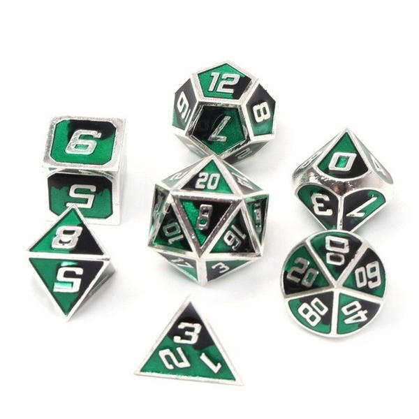 7 stuks gemengde kleur polyhedral dobbelstenen metalen rpg dobbelstenen set met fluwelen zak kerkers en draak zwarte tafel games zinklegering math onderwijs