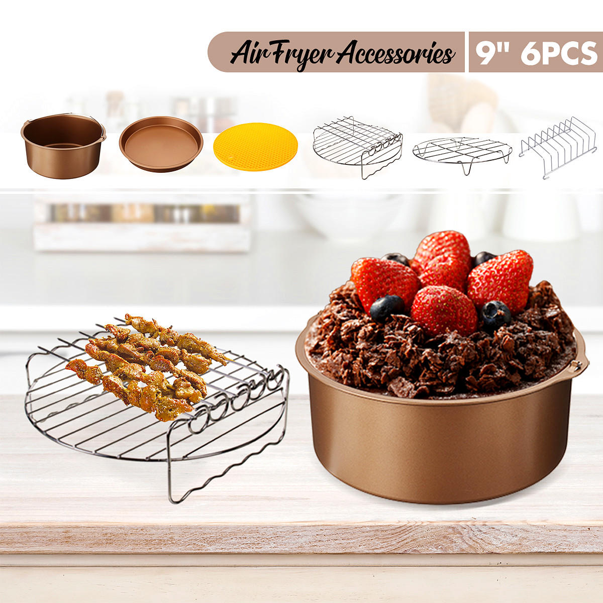 6 stuks 9 inch non-stick air fryer accessoires set cake pizza bbq gebraden bakken tools voor 5.3-6.8qt air fryer