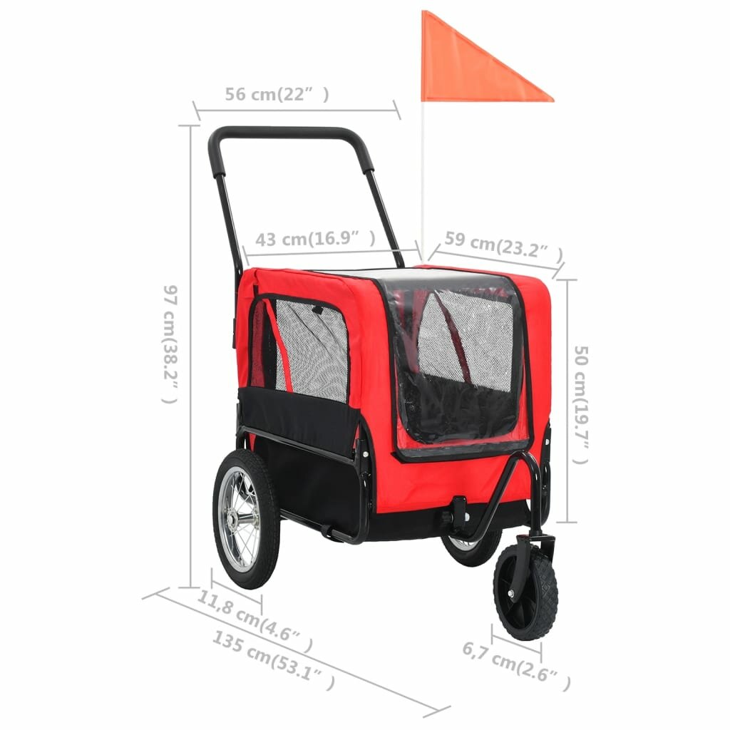 2-in-1 fietsaanhanger en joggingwagen voor huisdieren. rood en zwart