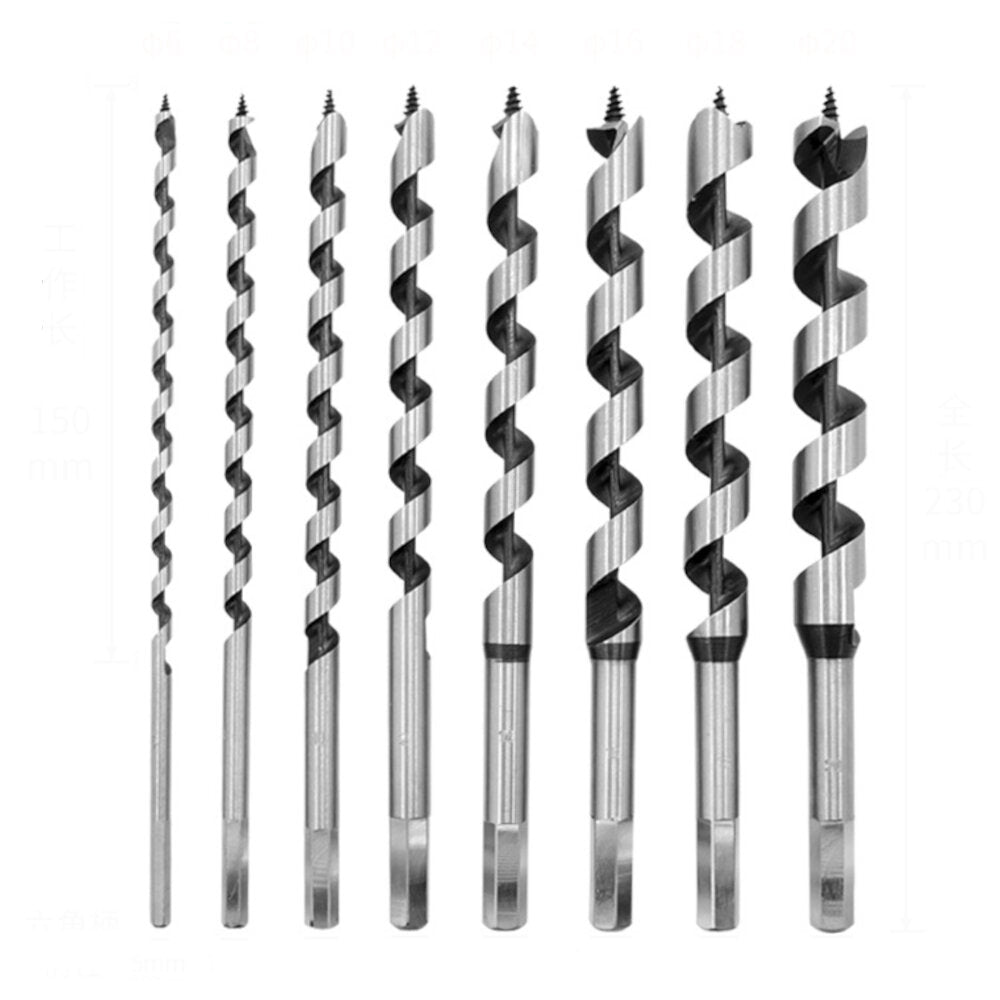 8 stuks 230mm zeshoekige carbon staal vijzel bit set houten case gefreesd houtbewerking torentje boor ponsen deurslot ruimen boor kit