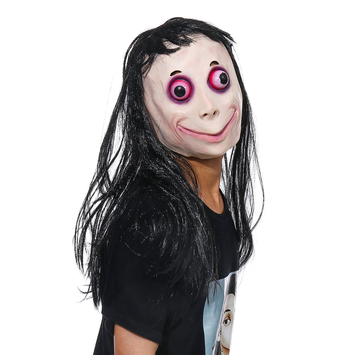 led scary momo mask game horror mask cosplay volledig hoofd momo mask big eye met lange pruiken halloween party props