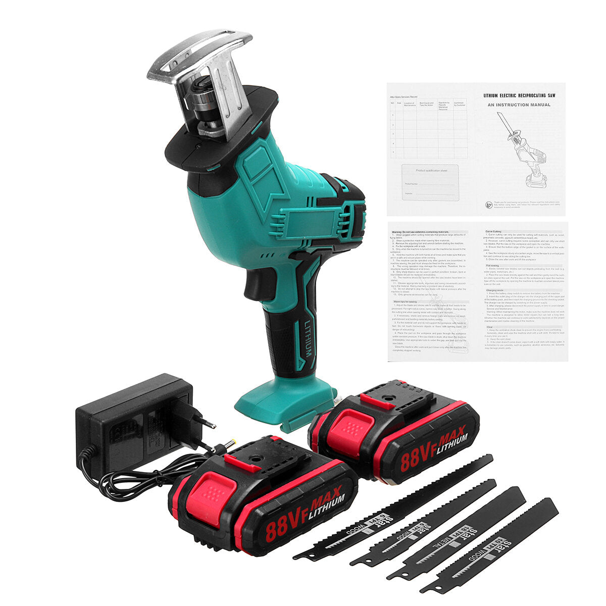 oplaadbare draadloze reciprozaag handheld woodorking wood cutter w / geen / 1/2 batterij & 4 stuks zaagbladen elektrische zaagkit fit worx-batterij